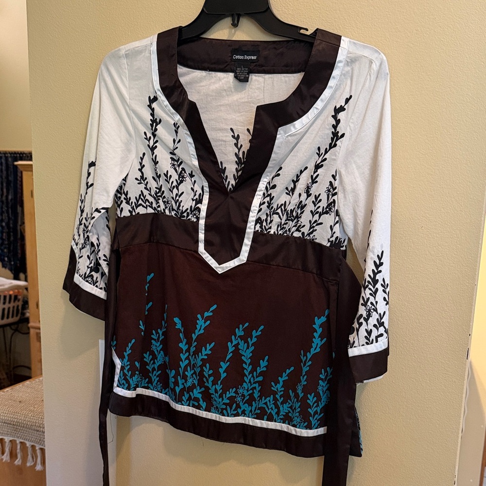 Cotton Express- White and Brown Blouse with Blue Details
